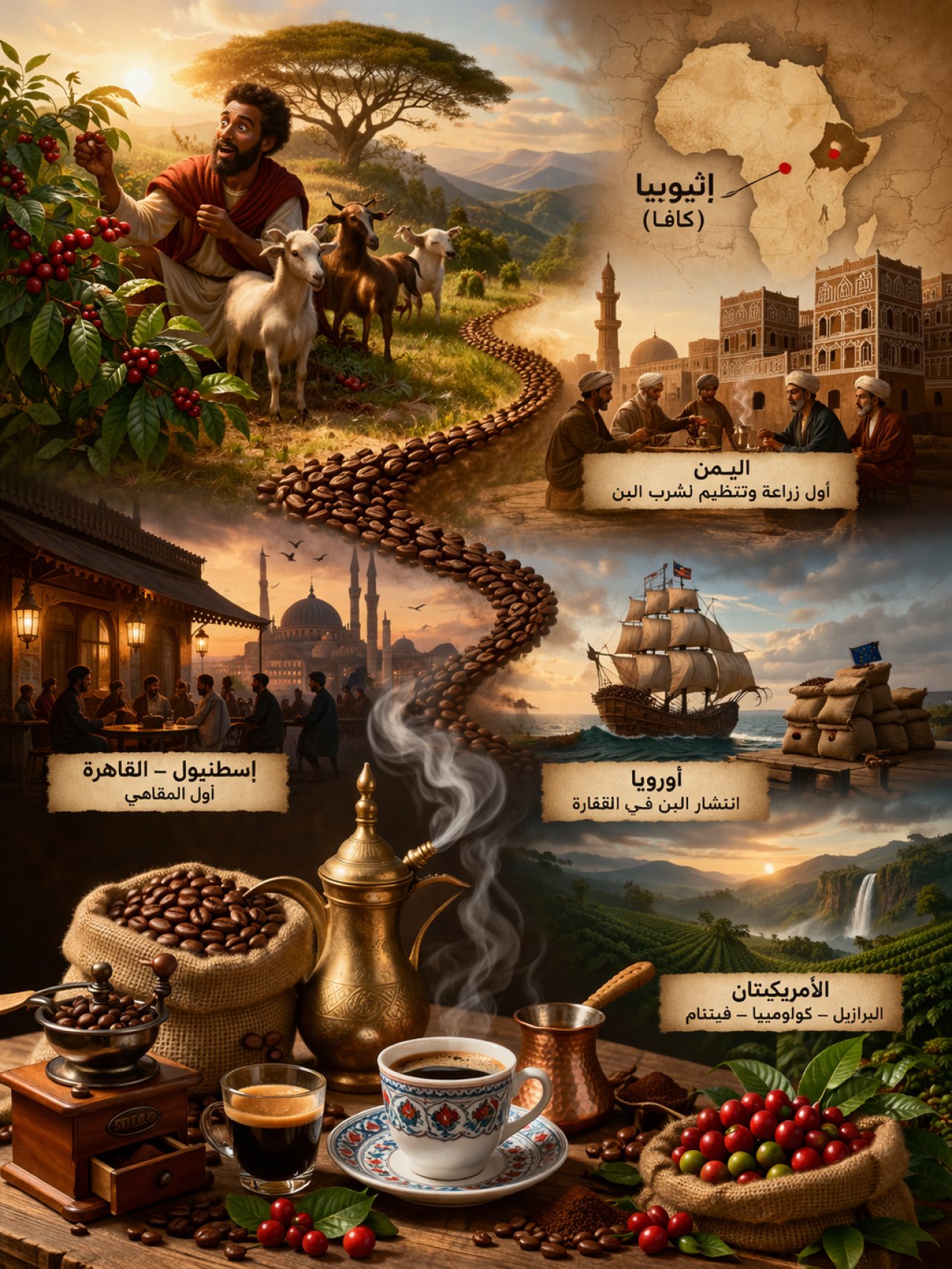 نشأة البن: القصة الكاملة من الاكتشاف إلى العالمية